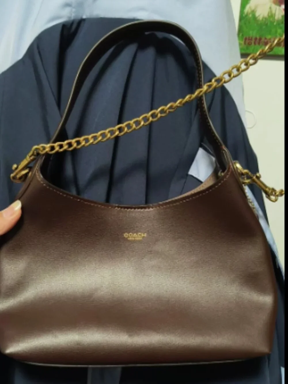 Coach Brown Leather Shoulder Bag Chain Strap Handbag Small Purse